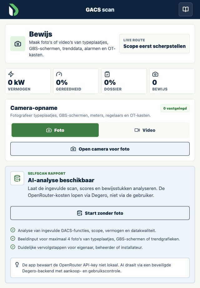 GACS Scan iPhone app met bewijs, vermogen, gereedheid, dossier en AI-analyse