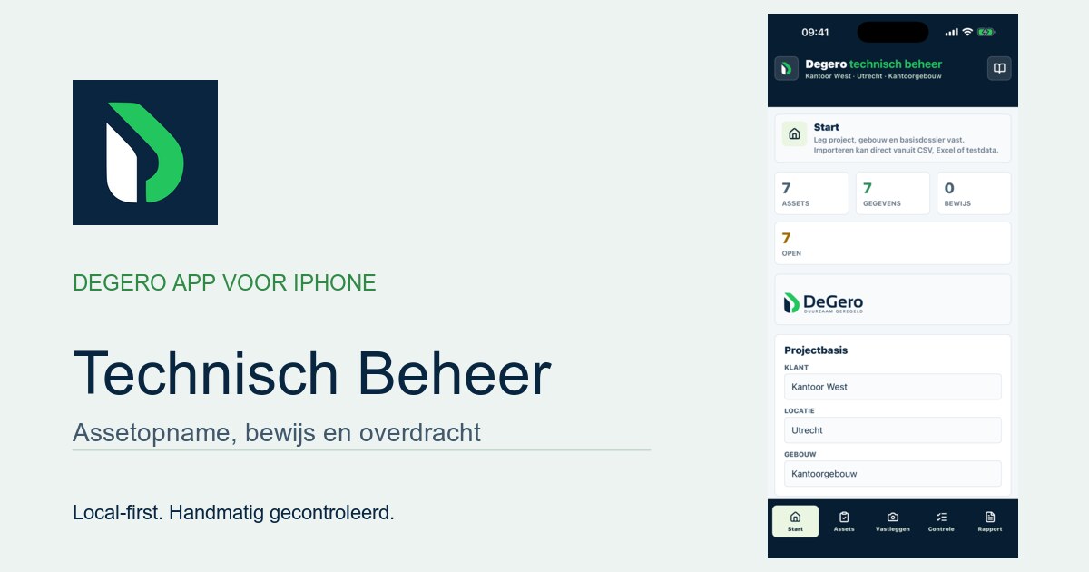 Degero Technisch Beheer app met appicoon en iPhone-scherm voor assetopname
